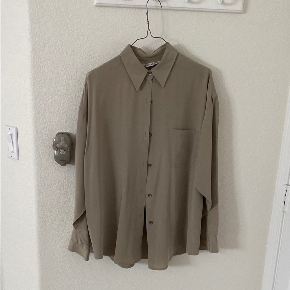 Chic Olive Silk Button-Up Blouse